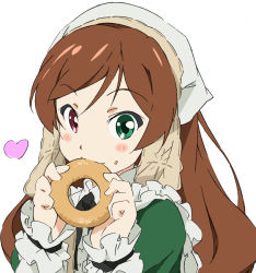 Rule 34 | 00s, 1girl, blush, doughnut, eating, food, food on face, green eyes, heart, heterochromia, long hair, looking at viewer, red eyes, rozen maiden, simple background, suiseiseki, umanosuke