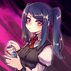 Rule 34 | 1girl, alcohol, beer, beer can, black vest, blush, breasts, can, collared shirt, commentary, drink can, english commentary, frown, holding, holding can, jill stingray, kataro, long hair, long sleeves, looking at viewer, medium breasts, necktie, opening can, purple hair, red eyes, red necktie, shirt, sidelocks, solo, twintails, upper body, va-11 hall-a, vest, white shirt