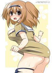 Rule 34 | 10s, 1girl, ass, blush, breasts, brown eyes, hairband, i-26 (kancolle), kantai collection, large breasts, light brown hair, long hair, open mouth, sailor collar, short sleeves, solo, suzuki nene, swimsuit, torn clothes, torn swimsuit, two-tone hairband, two side up