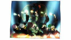 Rule 34 | 2boys, 3girls, armband, black eyes, black pants, blue hair, brown hair, brown jacket, closed eyes, closed mouth, collared shirt, commentary request, double bun, employee (project moon), eternal meal (lobotomy corporation), feathers, flower, ganeshia, glasses, green hair, green jacket, green shirt, green vest, grey kimono, hair bun, hair flower, hair ornament, highres, holding glowstick, horns, jacket, japanese clothes, kimono, lobotomy corporation, long hair, long sleeves, multiple boys, multiple girls, neck ribbon, necktie, open clothes, open jacket, open mouth, pants, polka dot, polka dot ribbon, ponytail, project moon, purple hair, red necktie, ribbon, round eyewear, shirt, short hair, smile, sweat, vest, white necktie, white shirt, yellow ribbon