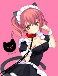 Rule 34 | 10s, 1girl, :o, animal ears, apron, bdsm, black dress, bondage, bound, breasts, brown eyes, cat ears, cat tail, chain, chain leash, cleavage, collar, dress, fake animal ears, female focus, frills, inu x boku ss, large breasts, leash, looking at viewer, maid, maid apron, maid headdress, open mouth, orange eyes, paw pose, pink background, pink hair, piyodera mucha, puffy sleeves, roromiya karuta, short hair, short twintails, simple background, slave, solo, tail, twintails, viewer holding leash, waist apron, wrist cuffs