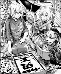 Rule 34 | 10s, calligraphy, calligraphy brush, fate/apocrypha, fate/extra, fate/grand order, fate (series), food, greyscale, jack the ripper (fate/apocrypha), japanese clothes, jeanne d&#039;arc (fate), jeanne d&#039;arc (ruler) (fate), kimono, mochi, monochrome, nursery rhyme (fate), nursery rhyme (fate/grand order), paintbrush, polearm, spear, syatey, text focus, weapon