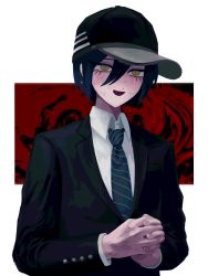 Rule 34 | 1boy, :d, ahoge, bad id, bad twitter id, black background, black hair, black jacket, blush, brown eyes, collared shirt, danganronpa (series), danganronpa v3: killing harmony, green jacket, hair between eyes, hat, highres, ie (kshgnhg), interlocked fingers, jacket, long sleeves, looking at viewer, male focus, multicolored clothes, multicolored jacket, necktie, official alternate costume, open mouth, own hands together, red background, saihara shuichi, school uniform, shirt, short hair, smile, solo, striped necktie, striped neckwear, two-tone jacket, upper body, white background, white shirt