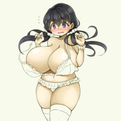 Rule 34 | 1girl, areola slip, black hair, blush, bra, bracelet, breasts, character request, cleavage, cowboy shot, curvy, embarrassed, frilled panties, frills, huge breasts, jewelry, long hair, low twintails, navel, open bra, open mouth, original, panties, pas (paxiti), plump, purple eyes, scrunchie, solo, standing, thick thighs, thighhighs, thighs, twintails, underwear, underwear only, wardrobe malfunction, wide hips, unfinished