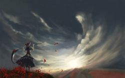 Rule 34 | 1girl, cloud, female focus, flower, highres, landscape, mountain, ni piao xiancai, onozuka komachi, petals, scenery, scythe, sky, solo, spider lily, touhou, twintails, two side up, wallpaper