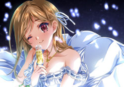 Rule 34 | 1girl, ;), bare arms, bare shoulders, breasts, brown eyes, champagne flute, cleavage, commentary request, cup, dress, drinking glass, hair ribbon, highres, idolmaster, idolmaster million live!, idolmaster million live! theater days, jewelry, long dress, long hair, looking at viewer, momose rio, necklace, night, off shoulder, one eye closed, pearl necklace, pink eyes, pure onepiece (idolmaster), ribbon, senomoto hisashi, sky, sleeveless, sleeveless dress, smile, solo, star (sky), starry sky, strap slip, sundress, white dress