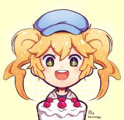 Rule 34 | 1girl, birthday cake, blue hat, blue shirt, cake, dated, dokibird (vtuber), food, green eyes, hat, highres, indie virtual youtuber, kokorodoggu, open mouth, second-party source, shirt, signature, smile, solo, teeth, twintails, upper body, upper teeth only, virtual youtuber, yellow background