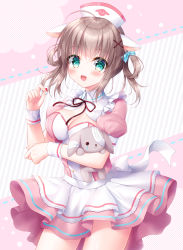 Rule 34 | 1girl, :d, animal ears, blue bow, blush, bow, breasts, brown ribbon, cleavage, collared dress, commentary request, diagonal stripes, dress, green eyes, hair bow, hair ornament, hair rings, hairclip, hat, highres, hugging object, kohinata hoshimi, looking at viewer, medium breasts, neck ribbon, nurse cap, open mouth, original, pink dress, pleated dress, puffy short sleeves, puffy sleeves, ribbon, short sleeves, smile, solo, striped, striped background, stuffed animal, stuffed rabbit, stuffed toy, teardrop, twintails, white hat, x hair ornament