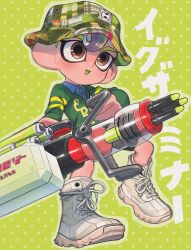 Rule 34 | 1boy, :d, blue shirt, brown eyes, bucket hat, collared shirt, commentary request, cross-laced footwear, full body, green background, green hat, green sweater, gun, hat, heavy edit splatling (splatoon), high tops, highres, holding, holding gun, holding weapon, kstr 890, male focus, nintendo, octoling, octoling boy, octoling player character, open mouth, shirt, shoes, simple background, smile, sneakers, solo, splatoon (series), splatoon 3, sweater, tentacle hair, translation request, weapon, white footwear