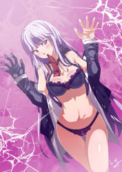 Rule 34 | 10s, 1girl, against glass, bare shoulders, blush, bottomless, bra, braid, breast press, breasts, breasts on glass, cleavage, club3, covered erect nipples, danganronpa: trigger happy havoc, danganronpa (series), flower, gloves, hair ribbon, highres, jacket, kirigiri kyoko, lace, lace bra, lace panties, large breasts, light purple hair, lingerie, long hair, looking at viewer, mouth hold, navel, necktie, open clothes, open jacket, panties, purple bra, purple eyes, purple panties, ribbon, ringed eyes, rose, signature, single glove, solo, underwear, undressing