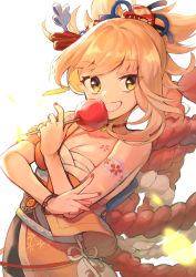Rule 34 | 1girl, absurdres, amatou cacao, apple, arm tattoo, bandages, bare shoulders, blonde hair, candy, candy apple, chest tattoo, choker, collarbone, comb, eyes visible through hair, fingernails, food, fruit, genshin impact, hair ornament, highres, holding, holding candy, holding food, long hair, nail polish, patterned, patterned clothing, red choker, red nails, shoulder tattoo, simple background, smile, solo, tattoo, teeth, v, vision (genshin impact), yellow eyes, yoimiya (genshin impact)
