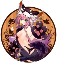 Rule 34 | 1girl, animal costume, animal ears, animal hands, azur lane, black panties, black sweater, commentary request, cowboy shot, earrings, fang, from behind, gloves, green eyes, hair ornament, halloween, halloween costume, hanazuki (azur lane), hip vent, jewelry, long hair, looking at viewer, looking back, md5 mismatch, meme attire, mixed-language commentary, mouth hold, no bra, panties, paw gloves, pink hair, pumpkin, resolution mismatch, revision, shirokitsune, sidelocks, solo, source larger, sweater, tail, underwear, virgin killer sweater, wolf costume, wolf ears, wolf paws, wolf tail