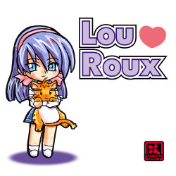 Rule 34 | 00s, 1girl, :3, absurdres, artist request, blue hair, blush, cat, character name, chibi, full body, highres, long hair, looking at viewer, lou roux, shinkon gattai godannar!!, shiny clothes, shiny skin, skirt, smile, standing