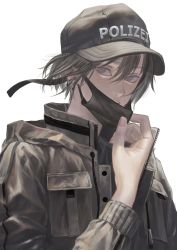 Rule 34 | 1boy, black hat, black mask, blue eyes, blush, brown hair, earrings, ears visible through hair, hair between eyes, hat, highres, jacket, jewelry, male focus, mask, mask pull, mouth mask, open clothes, open jacket, original, simple background, solo, unknown (jckvuzuqjnpdie3), upper body, white background, zipper