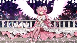 Rule 34 | 10s, 1girl, bow, breasts, cleavage, dress, gloves, hair bow, high heels, highres, kaname madoka, kyubey, long hair, looking at viewer, mahou shoujo madoka magica, mahou shoujo madoka magica (anime), pink hair, pink thighhighs, primcoco, sitting, small breasts, smile, solo, thighhighs, ultimate madoka, watermark, web address, white dress, white gloves, white wings, wings, yellow eyes