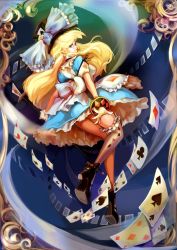 Rule 34 | 1girl, alice (alice in wonderland), alice in wonderland, apron, blonde hair, blue eyes, bow, breasts, brown pantyhose, brown thighhighs, card, dress, frilled thighhighs, frills, full body, hat, high heels, long hair, looking back, pantyhose, petticoat, playing card, pumps, solo, staff, suhi86, thighhighs, top hat, wrist cuffs
