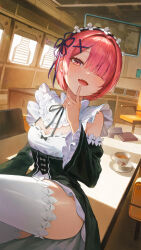 Rule 34 | 1girl, absurdres, black sleeves, blue ribbon, blush, breasts, detached sleeves, fang, finger to mouth, goddess of victory: nikke, hair ornament, hair over one eye, hair ribbon, highres, ikkia, index finger raised, looking at viewer, maid, maid headdress, one eye closed, open mouth, pink hair, ram (re:zero), re:zero kara hajimeru isekai seikatsu, red eyes, red hair, ribbon, short hair, skin fang, small breasts, smile, solo, thighhighs, thighs, white thighhighs, x hair ornament
