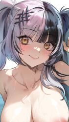 Rule 34 | 1girl, black hair, blush, breasts, brown eyes, cleavage, collarbone, grey hair, highres, hololive, hololive english, large breasts, lips, long hair, looking at viewer, multicolored hair, nude, shiny skin, shiori novella, smile, solo, sweat, tuminiakira, twintails, upper body, virtual youtuber