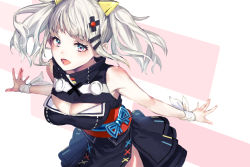 Rule 34 | 1girl, :d, absurdres, bad id, bad pixiv id, bare shoulders, black dress, blue eyes, blunt bangs, blush, breasts, cleavage, cleavage cutout, clothing cutout, commentary request, dress, fingernails, hair ornament, hairclip, highres, kaguya luna, large breasts, leaning forward, long hair, obi, open mouth, rolua, sash, sidelocks, silver hair, sleeveless, sleeveless dress, smile, solo, the moon studio, twintails, virtual youtuber
