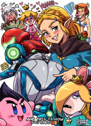 Rule 34 | 5girls, advance wars, artist name, ass, bandana, bare shoulders, blonde hair, blue eyes, blush, blush stickers, cape, copy ability, cosplay, covering own eyes, crop top, crown, ena (monster hunter), from behind, gloves, grin, helmet, highres, kirby, kirby (series), long sleeves, looking back, mario (series), mario + rabbids sparks of hope, metroid, metroid dread, mishima kazuya, mishima kazuya (cosplay), monster hunter (series), monster hunter stories 2, multiple girls, nintendo, open mouth, pointy ears, princess peach, princess zelda, rabbid, rabbid rosalina, raving rabbids, rosalina (cosplay), sami (advance wars), samus aran, short hair, silver hair, simple background, skajrzombie, smile, super mario bros. 1, super smash bros., teeth, tekken, the legend of zelda, the legend of zelda: breath of the wild, the legend of zelda: tears of the kingdom, upper teeth only, white background, white gloves