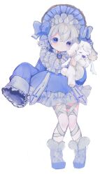 Rule 34 | 1girl, blue bow, blue eyes, blush, bonnet, boots, bow, brooch, child, closed eyes, commentary, creature, expressionless, frilled bonnet, frilled shirt collar, frilled sleeves, frills, full body, fur-trimmed boots, fur trim, grey hair, hair between eyes, highres, hime lolita, holding, holding creature, horns, jewelry, knees together feet apart, leg ribbon, lolita fashion, looking at viewer, mercure 1104, original, pacifier, ribbon, short hair, simple background, sleeves past fingers, sleeves past wrists, symbol-only commentary, white background, wings