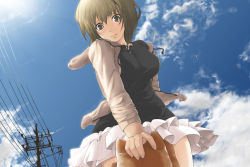 Rule 34 | 1girl, bad id, bad pixiv id, blush, breasts, brown eyes, brown hair, cloud, contrail, day, dog, embarrassed, from below, hand on own head, impossible clothes, impossible shirt, jacket, large breasts, looking down, nanaku teiru, open clothes, open jacket, original, power lines, shirt, short hair, skirt, sky, sleeves pushed up, solo, utility pole