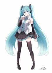 Rule 34 | 1girl, :p, aqua eyes, aqua hair, aqua nails, aqua necktie, asahi kuroi, bare shoulders, belt, black skirt, black sleeves, black thighhighs, blouse, boots, commentary, contrapposto, derivative work, detached sleeves, finger to cheek, full body, grey shirt, hair ornament, hand up, hatsune miku, headphones, headset, highres, index finger raised, long hair, looking at viewer, miniskirt, nail polish, necktie, number tattoo, pleated skirt, shirt, shoulder tattoo, signature, skirt, sleeveless, sleeveless shirt, sleeves past wrists, smile, solo, standing, tattoo, thigh boots, thighhighs, tongue, tongue out, twintails, very long hair, vocaloid, vocaloid boxart pose, zettai ryouiki