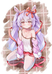 Rule 34 | 1girl, absurdres, alternate color, alternate costume, alternate hair color, animal ears, azur lane, bare shoulders, breasts, classic (zildjian33), cleavage, collarbone, commentary request, earrings, fake animal ears, hair between eyes, hairband, highres, jacket, jewelry, laffey (azur lane), long hair, long sleeves, looking at viewer, off shoulder, plaid, plaid jacket, pleated skirt, rabbit ears, red eyes, red skirt, revision, seiza, sidelocks, sitting, skirt, sleeves past wrists, small breasts, solo, spaghetti strap, thighhighs, twintails, white thighhighs, zettai ryouiki