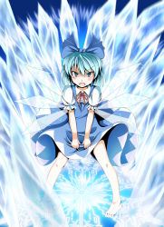 Rule 34 | 1girl, barefoot, blue hair, blush, bow, cirno, cryokinesis, electricity, electrokinesis, embodiment of scarlet devil, ice, solo, tears, touhou, tri, wings