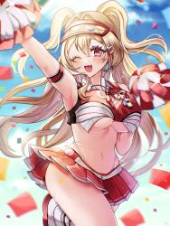 Rule 34 | 1girl, absurdres, arm up, blonde hair, breasts, clay (nikke), crop top, earrings, goddess of victory: nikke, hair intakes, hair ornament, hairclip, heart, heart-shaped pupils, highres, jewelry, large breasts, long hair, looking at viewer, one eye closed, pink eyes, red shirt, red skirt, rokico, shirt, shoes, side ponytail, skirt, sneakers, solo, sweat, symbol-shaped pupils, twintails, two-tone shirt, two-tone skirt, underboob, visor cap, whistle, whistle around neck, white shirt, white skirt