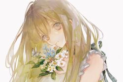 Rule 34 | 1girl, blue flower, brown eyes, bug, butterfly, closed mouth, flower, hair between eyes, insect, leaf, light brown hair, long hair, looking at viewer, niwa haruki, original, simple background, sleeveless, smile, solo, upper body, white background, white flower