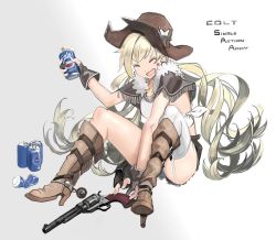 Rule 34 | 1girl, blonde hair, boots, can, character name, closed eyes, cola, colt revolver (girls&#039; frontline), colt single action army, cowboy boots, cowboy hat, cowboy western, drink, drink can, facial mark, fur trim, girls&#039; frontline, gloves, gun, handgun, hat, high heel boots, high heels, holding, holding can, holster, kesomaru, long hair, open mouth, partially fingerless gloves, pistol, revolver, shorts, simple background, single thighhigh, sitting, soda can, solo, spurs, star (symbol), thighhighs, twintails, weapon, white background