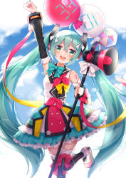 Rule 34 | 1girl, :d, absurdres, ahoge, arm up, balloon, bare shoulders, black sailor collar, black thighhighs, blue bow, blue sky, blush, bow, cloud, commentary request, day, detached sleeves, green eyes, green hair, hair between eyes, hair ribbon, hatsune miku, highres, holding, long hair, long sleeves, magical mirai (vocaloid), magical mirai miku, magical mirai miku (2018), megaphone, neckerchief, open mouth, outdoors, pink neckerchief, puffy long sleeves, puffy sleeves, red balloon, ribbon, sailor collar, school uniform, serafuku, shirt, shoes, sidelocks, skirt, sky, sleeveless, sleeveless shirt, sll, smile, solo, standing, standing on one leg, teeth, thighhighs, twintails, upper teeth only, uwabaki, very long hair, vocaloid, white footwear, white ribbon, white shirt, white skirt, yellow bow