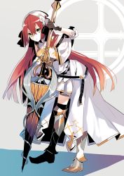 Rule 34 | 1girl, armor, armored dress, black gloves, black thighhighs, boots, breastplate, closed mouth, dress, eihi, gloves, green eyes, hair between eyes, holding, holding weapon, lance, leaning forward, long hair, long sleeves, looking at viewer, polearm, red hair, solo, thighhighs, very long hair, weapon, white dress