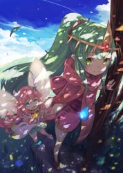 Rule 34 | 2girls, blue eyes, blue sky, closed mouth, cloud, crossover, day, double v, dragalia lost, dress, fairy, fairy wings, fire emblem, fire emblem: mystery of the emblem, fire emblem heroes, green eyes, green hair, leaf, long hair, multiple girls, nintendo, notte (dragalia lost), open mouth, outdoors, pink dress, pink hair, pointy ears, ponytail, shadow2810, sky, smile, tiara, tiki (fire emblem), tiki (young) (fire emblem), tree, v, wings