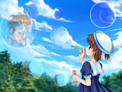 Rule 34 | 00s, 2girls, age difference, brown eyes, brown hair, bubble, clannad, cloud, day, dixie cup hat, family, female focus, furukawa nagisa, hat, key (company), military hat, mother and daughter, multiple girls, mutsuki (moonknives), nature, okazaki ushio, outdoors, sailor collar, school uniform, short hair, sky