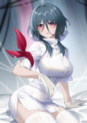 Rule 34 | 1girl, arm support, blue hair, breasts, commentary request, dress, gloves, highres, large breasts, linreplica, long hair, looking at viewer, natasha (honkai: star rail), parted lips, pink eyes, short dress, short sleeves, sitting, solo, thighhighs, thighs, white dress, white gloves, white thighhighs