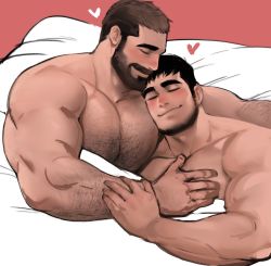 Rule 34 | arm hair, bara, beard, bed sheet, blush, chest hair, completely nude, couple, dopey (dopq), facial hair, heart, highres, large pectorals, male focus, mature male, muscular, muscular male, mustache, naked sheet, nude, on bed, original, pectoral pillow, pectoral press, pectorals, short hair, smile, thick eyebrows, yaoi