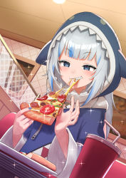 Rule 34 | 1girl, absurdres, arimoto wataru, blue eyes, blue hair, blue nails, blush, commentary, cup, disposable cup, drinking straw, eating, english commentary, food, gawr gura, gawr gura (1st costume), highres, holding, holding food, holding pizza, hololive, hololive english, hood, hood up, hoodie, indoors, looking at viewer, multicolored hair, nail polish, open mouth, pizza, sharp teeth, silver hair, smile, solo, streaked hair, teeth, two-tone hair, virtual youtuber