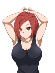 Rule 34 | 1girl, absurdres, armpits, arms up, black shirt, breasts, cleavage, closed mouth, collarbone, commentary request, en&#039;en no shouboutai, highres, large breasts, lisa isaribi, looking at viewer, parted bangs, raru (bnnon42), red eyes, red hair, shirt, short hair, solo, tank top, upper body, white background