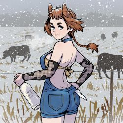 Rule 34 | 1girl, 2021, akairiot, animal, animal print, ass, blue eyes, bottle, braid, braided ponytail, breasts, brown hair, chinese zodiac, commentary, cow, cow girl, cow horns, cow print, cowboy shot, day, denim, detached sleeves, dimples of venus, english commentary, fence, field, fishnet sleeves, fishnets, from behind, hair horns, halterneck, hand on own hip, handkerchief, highres, horns, large breasts, looking back, milk bottle, new year, original, outdoors, overall shorts, overalls, print sleeves, short hair, single braid, smile, snow, snowing, solo focus, standing, strapless, thick eyebrows, tube top, year of the ox