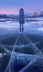 Rule 34 | 1girl, ahoge, black eyes, black hair, black pantyhose, boots, cloud, coat, crack, frozen lake, fur trim, hands in pockets, hiko (scape), ice, lake, legs apart, long sleeves, looking at viewer, mountain, original, outdoors, pantyhose, reflection, revision, short hair, skirt, sky, snow, solo, standing, star (symbol), wind, winter