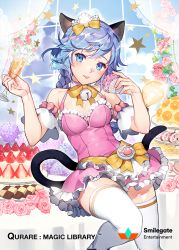 Rule 34 | 1girl, alcohol, animal ears, apron, arms up, bare shoulders, bell, blue eyes, blue hair, blue sky, blush, bow, braid, breasts, brooch, cake, cake slice, cake stand, cat ears, cat girl, cat tail, champagne, champagne flute, checkerboard cookie, cleavage, closed mouth, cloud, cloudy sky, collar, company name, cookie, copyright name, covered navel, cup, cupcake, day, detached sleeves, dress, drinking glass, flower, food, food on face, frilled apron, frilled dress, frilled sleeves, frills, fruit, gearous, glint, holding, holding food, horizontal-striped legwear, hydrangea, jewelry, jingle bell, lace, leg up, light bulb, long hair, looking at viewer, macaron, maid headdress, medium breasts, miu (qurare), neck bell, official art, orange (fruit), orange slice, paw print, pink collar, pink dress, pink flower, pink rose, purple flower, qurare magic library, raised eyebrows, rose, round table, see-through, shiny skin, shoes, short dress, single braid, skin tight, sky, smile, solo, sprinkles, standing, standing on one leg, star (symbol), strawberry, strawberry shortcake, striped clothes, striped thighhighs, swept bangs, swiss roll, table, tablecloth, tail, text focus, thighhighs, tiered tray, tongue, tongue out, waist apron, white apron, white footwear, white thighhighs, window, yellow bow