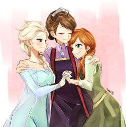 Rule 34 | 3girls, anna (frozen), bad id, bad pixiv id, braid, elsa (frozen), family, frozen (disney), girl sandwich, gradient background, happy, highres, hug, idunn (frozen), interlocked fingers, maianh, mother and daughter, multiple girls, sandwiched, siblings, sisters