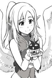 Rule 34 | 1girl, angel wings, bare shoulders, borrowed character, candle, closed mouth, feathered wings, food, greyscale, haohi (less), happy birthday, holding, long hair, maritan (pixelmaritan), monochrome, original, pastry, pointy ears, ponytail, smile, solo, upper body, wings