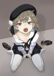 Rule 34 | 1girl, bare shoulders, beret, black footwear, black hat, black ribbon, black skirt, blood, blush, bra, breasts, brown eyes, brown hair, collarbone, collared shirt, commentary request, drooling, flower, hair flower, hair ornament, hair rings, hat, hatoba tsugu, loafers, long sleeves, looking at viewer, mole, mole under eye, navel, off shoulder, open clothes, open mouth, open shirt, pantyhose, pink bra, plaid, plaid bra, ribbon, rose, saliva, shirt, shoes, sitting, skirt, small breasts, solo, strap slip, suspender skirt, suspenders, torn clothes, torn pantyhose, underwear, unworn shoes, virtual youtuber, wariza, white flower, white pantyhose, white rose, white shirt, zaxwu