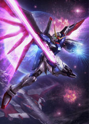 Rule 34 | absurdres, destiny gundam, earth (planet), energy sword, energy wings, explosion, glowing, glowing hand, green eyes, gundam, gundam seed, gundam seed destiny, highres, holding, holding sword, holding weapon, huge filesize, looking down, mecha, mechanical wings, minerva (gundam), no humans, open hand, planet, robot, science fiction, solo, spacecraft, sword, tom liu, v-fin, weapon, wings