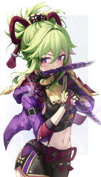 Rule 34 | 1girl, absurdres, armor, black gloves, black shirt, black shorts, breasts, commentary request, cowboy shot, crop top, cropped jacket, dagger, electricity, eyeshadow, fingerless gloves, genshin impact, geomdaeng, gloves, green hair, hair between eyes, highres, holding, holding dagger, holding knife, holding weapon, jacket, japanese armor, knife, knife in mouth, kote, kuki shinobu, long sleeves, looking at viewer, makeup, medium breasts, medium hair, midriff, mouth hold, navel, ninja, open clothes, open jacket, own hands together, ponytail, purple eyes, purple jacket, shirt, short hair, short shorts, shorts, simple background, solo, standing, stomach, weapon