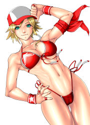 Rule 34 | 1girl, abs, absurdres, alice garnet nakata, armpits, bare shoulders, bikini, bikini top only, blonde hair, breasts, cameltoe, covered erect nipples, female focus, green eyes, hand on own hip, hat, highres, large breasts, legs, looking at viewer, navel, qkat (arikawa-dou), short hair, simple background, smile, solo, standing, swimsuit, the king of fighters, the king of fighters xiv, thighs, thong, toned, very short hair, white background