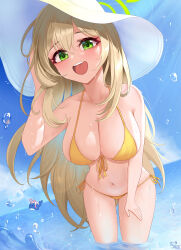 Rule 34 | 2girls, 82jhin, :d, absurdres, bare shoulders, bikini, blonde hair, blue archive, blue sky, breasts, cloud, commentary request, day, green eyes, highres, hoshino (blue archive), large breasts, long hair, looking at viewer, multiple girls, navel, nonomi (blue archive), off shoulder, open mouth, sky, smile, standing, stomach, swimsuit, thighs, very long hair, wading, water, white headwear, yellow bikini
